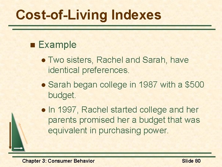 Cost-of-Living Indexes n Example l Two sisters, Rachel and Sarah, have identical preferences. l