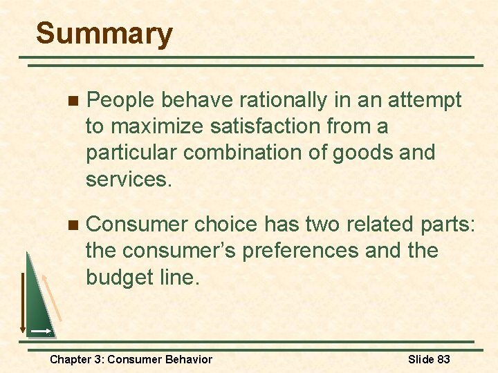 Summary n People behave rationally in an attempt to maximize satisfaction from a particular
