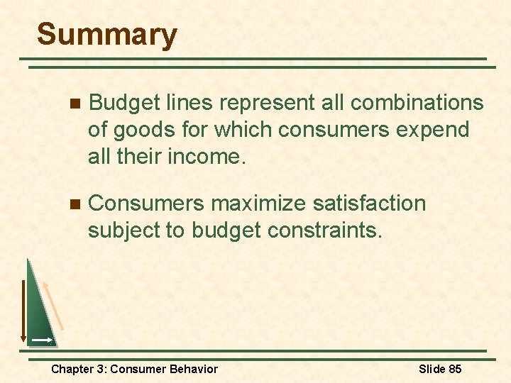 Summary n Budget lines represent all combinations of goods for which consumers expend all