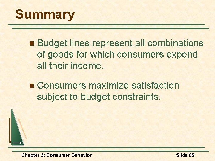 Summary n Budget lines represent all combinations of goods for which consumers expend all Summary n Budget lines represent all combinations of goods for which consumers expend all