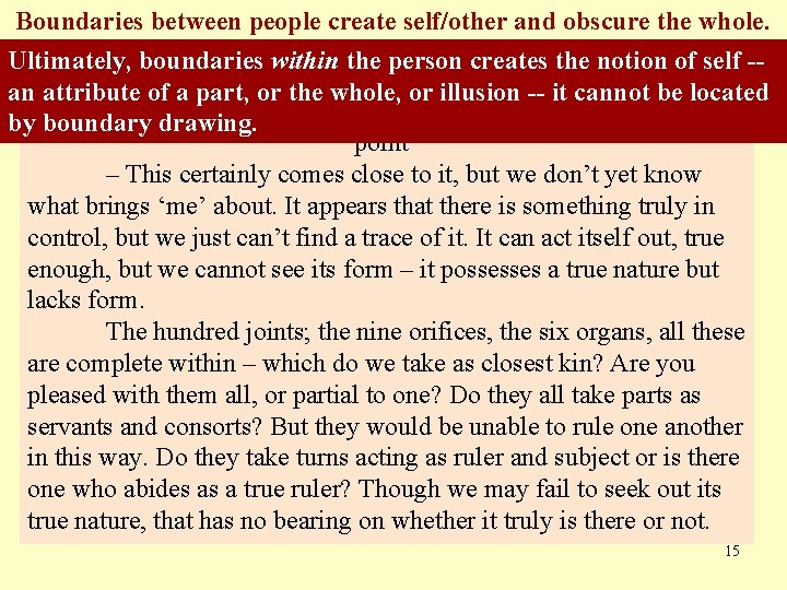 Boundaries between people create self/other and obscure the whole. Ultimately, boundaries within the person