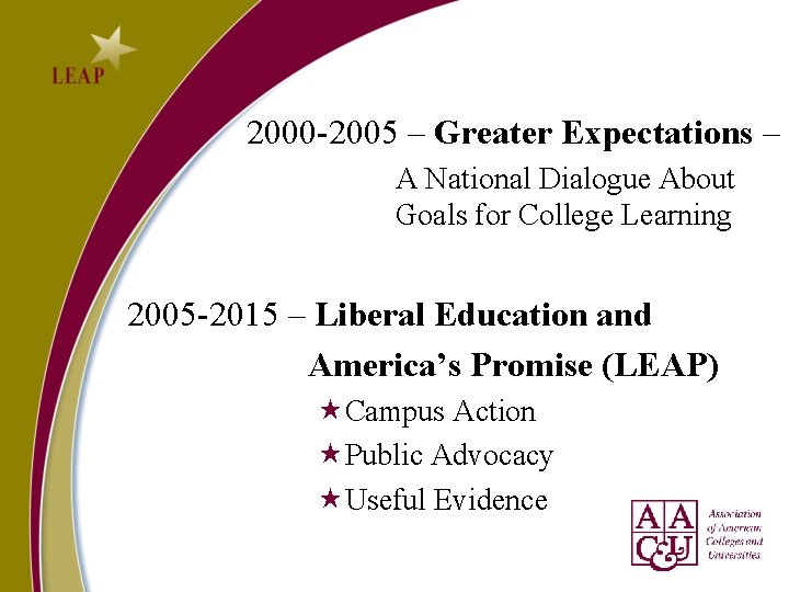 2000 -2005 – Greater Expectations – A National Dialogue About Goals for College 2000 -2005 – Greater Expectations – A National Dialogue About Goals for College