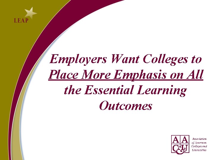 Employers Want Colleges to Place More Emphasis on All the Essential Learning Outcomes Employers Want Colleges to Place More Emphasis on All the Essential Learning Outcomes