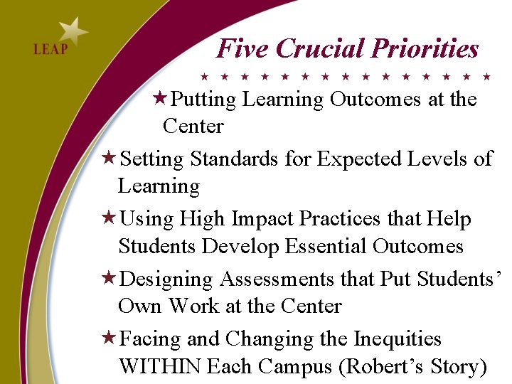 Five Crucial Priorities Putting Learning Outcomes at the Center Setting Standards for Expected Levels