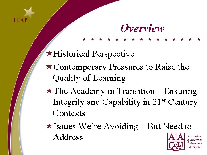 Overview Historical Perspective Contemporary Pressures to Raise the Quality of Learning The Academy in