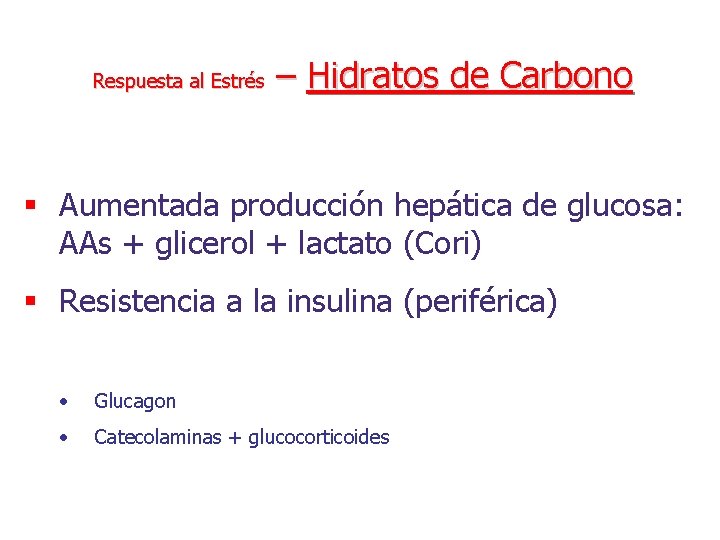 Respuesta al Estrés – Hidratos de Carbono § Aumentada producción hepática de glucosa: AAs