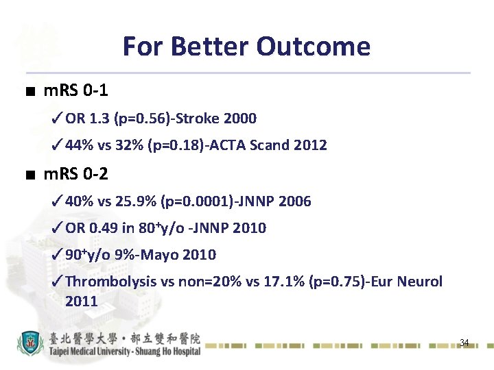 For Better Outcome ■ m. RS 0 -1 ✓OR 1. 3 (p=0. 56)-Stroke 2000