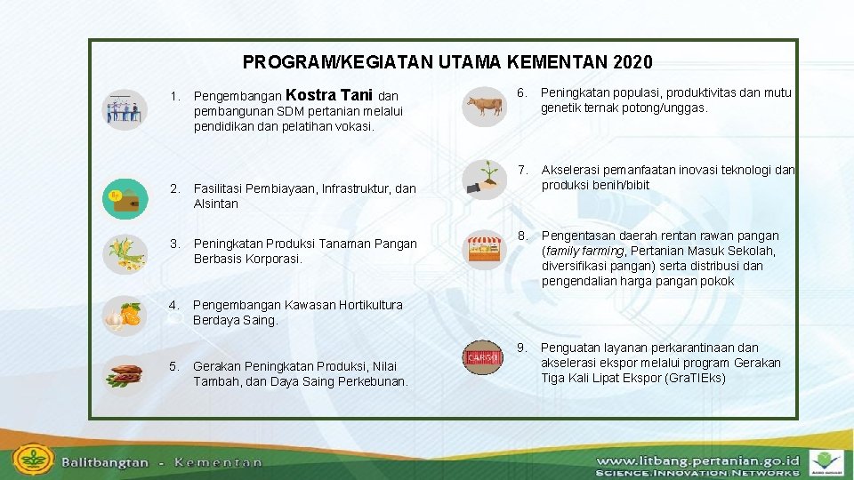 PROGRAM/KEGIATAN UTAMA KEMENTAN 2020 1. Pengembangan Kostra Tani dan pembangunan SDM pertanian melalui pendidikan