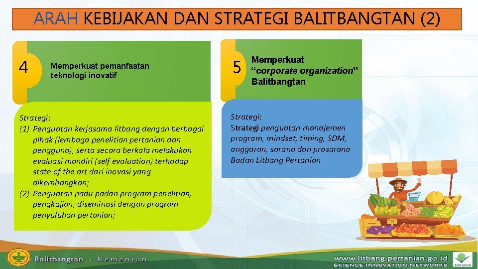 ARAH KEBIJAKAN DAN STRATEGI BALITBANGTAN (2) 4 Memperkuat pemanfaatan teknologi inovatif Strategi: (1) Penguatan