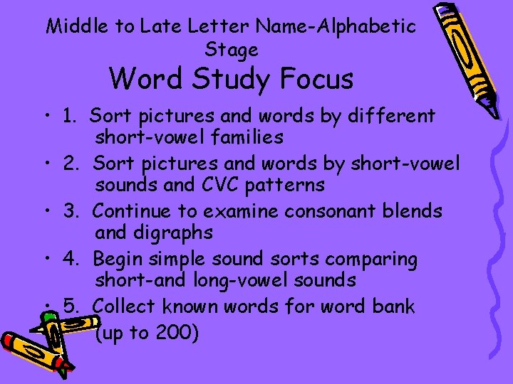 Middle to Late Letter Name-Alphabetic Stage Word Study Focus • 1. Sort pictures and