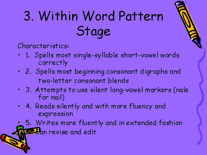 3. Within Word Pattern Stage Characteristics: • 1. Spells most single-syllable short-vowel words correctly