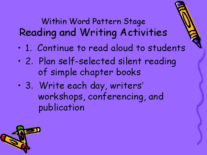 Within Word Pattern Stage Reading and Writing Activities • 1. Continue to read aloud