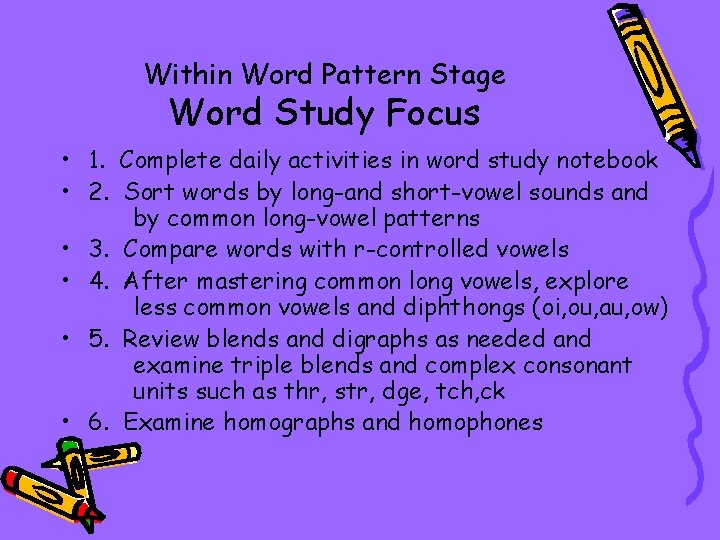 Within Word Pattern Stage Word Study Focus • 1. Complete daily activities in word