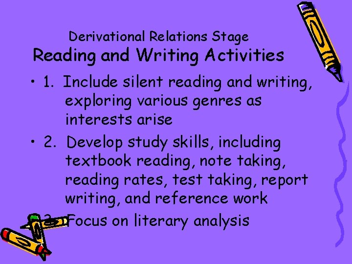 Derivational Relations Stage Reading and Writing Activities • 1. Include silent reading and writing,