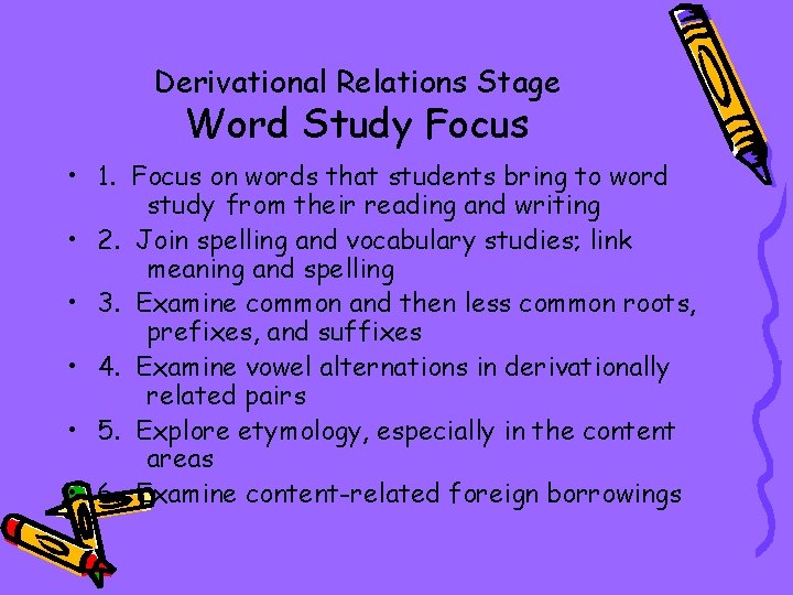 Derivational Relations Stage Word Study Focus • 1. Focus on words that students bring