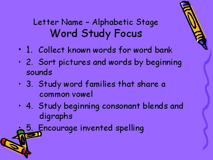 Letter Name – Alphabetic Stage Word Study Focus • 1. Collect known words for