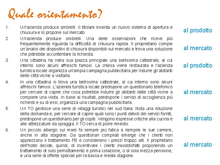 Quale orientamento? 1. 2. 3. 4. 5. 6. Un’azienda produce ombrelli. Il titolare inventa