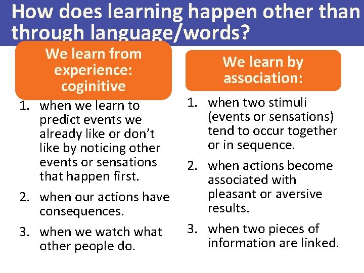 How does learning happen other than through language/words? We learn from experience: coginitive 1.