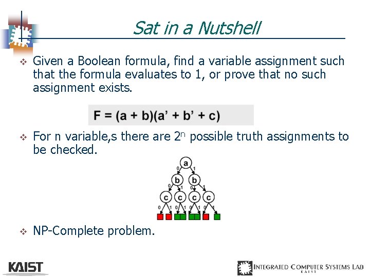 Sat in a Nutshell v Given a Boolean formula, find a variable assignment such