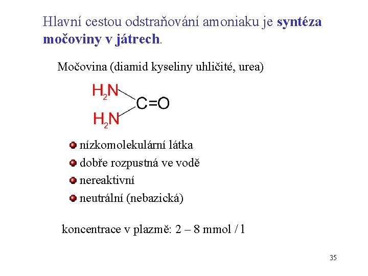 Hlavní cestou odstraňování amoniaku je syntéza močoviny v játrech. Močovina (diamid kyseliny uhličité, urea)