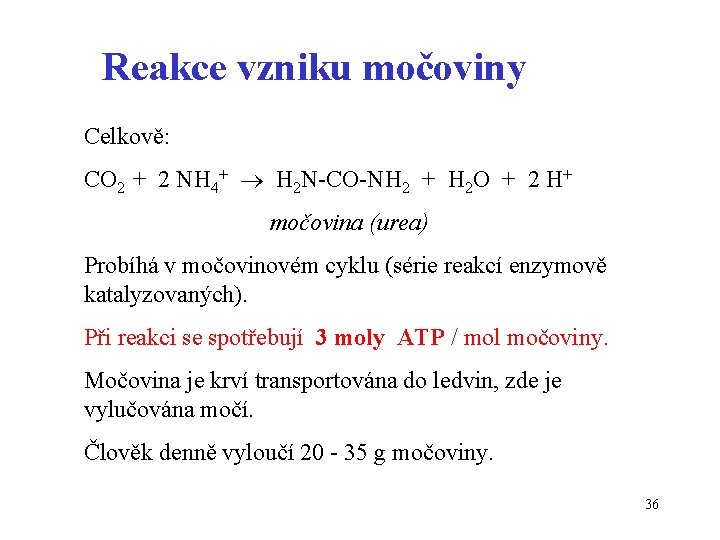 Reakce vzniku močoviny Celkově: CO 2 + 2 NH 4+ H 2 N-CO-NH 2