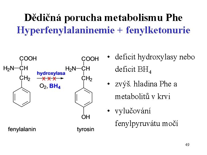 Dědičná porucha metabolismu Phe Hyperfenylalaninemie + fenylketonurie • deficit hydroxylasy nebo deficit BH 4