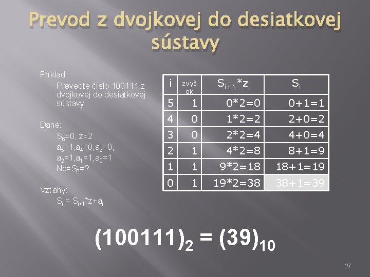 Prevod z dvojkovej do desiatkovej sústavy Príklad: Preveďte číslo 100111 z dvojkovej do desiatkovej