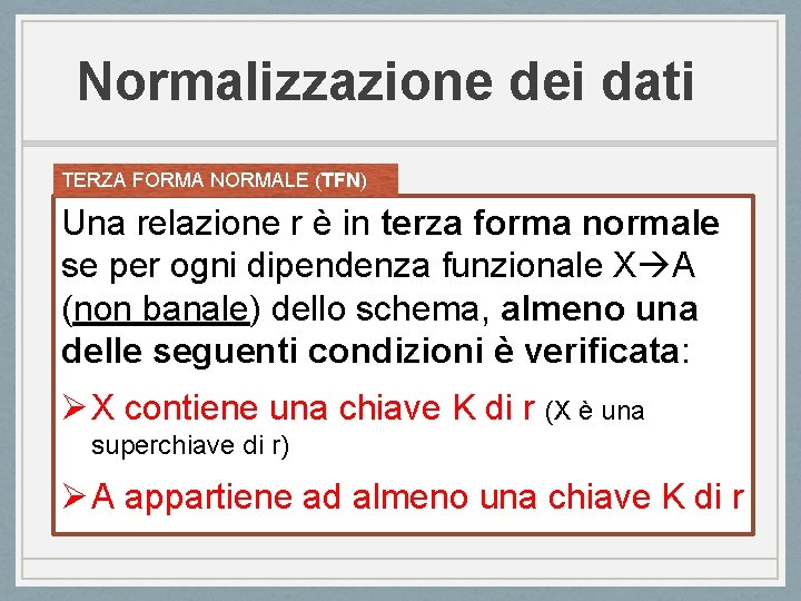 Normalizzazione dei dati TERZA FORMA NORMALE (TFN) Una relazione r è in terza forma