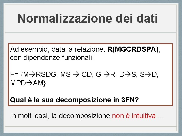 Normalizzazione dei dati Ad esempio, data la relazione: R(MGCRDSPA), con dipendenze funzionali: F= {M