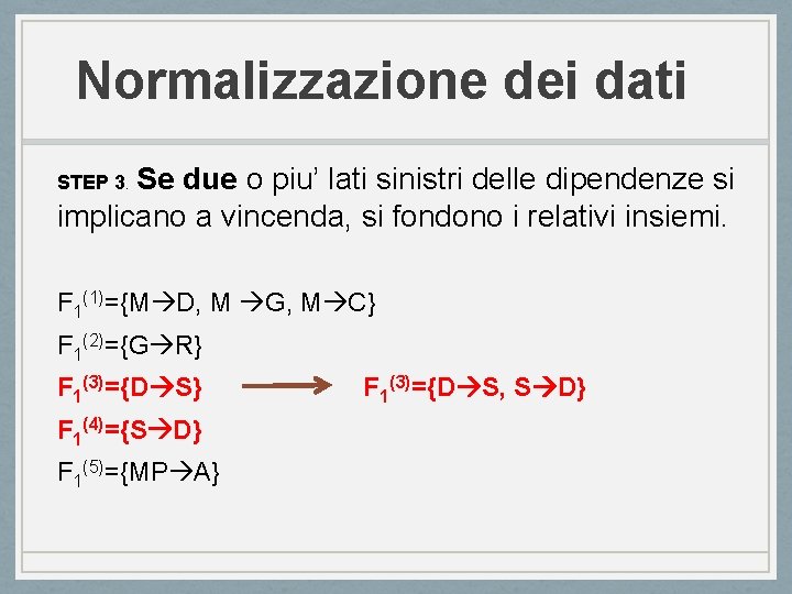 Normalizzazione dei dati Se due o piu’ lati sinistri delle dipendenze si implicano a