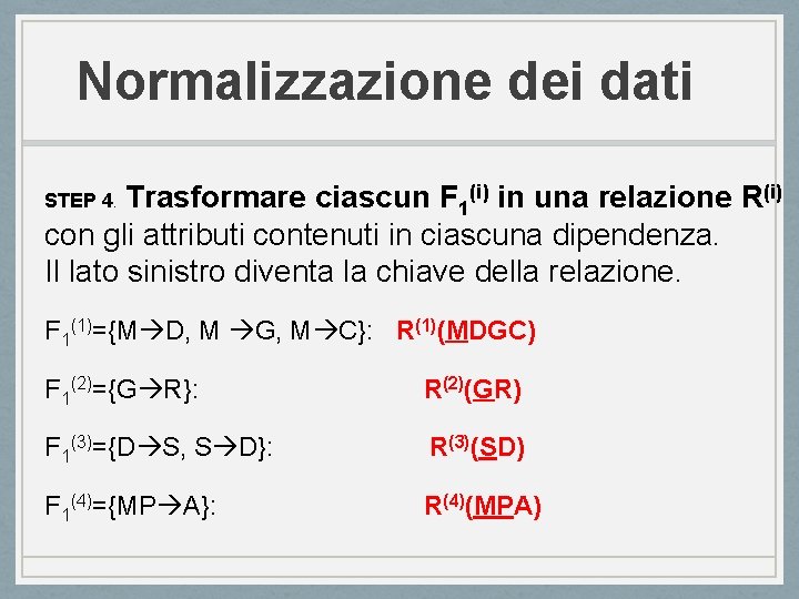 Normalizzazione dei dati Trasformare ciascun F 1(i) in una relazione R(i) con gli attributi