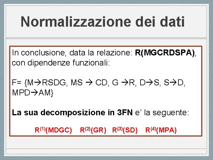 Normalizzazione dei dati In conclusione, data la relazione: R(MGCRDSPA), con dipendenze funzionali: F= {M