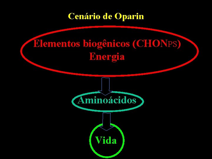 Cenário de Oparin Elementos biogênicos (CHONPS) Energia Aminoácidos Vida 