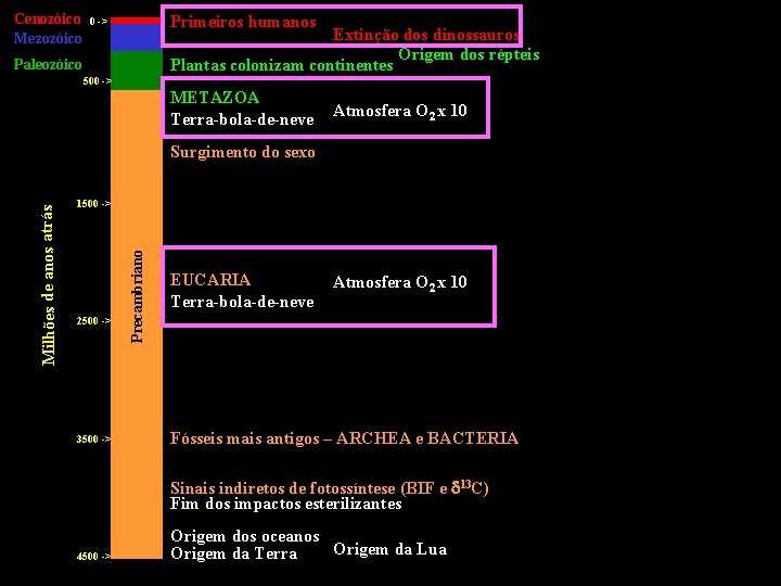 Cenozóico Mezozóico Primeiros humanos 0 -> Extinção dos dinossauros Origem dos répteis Plantas colonizam