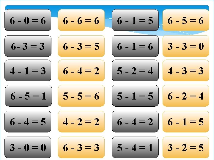 6 -0=6 6 -6=6 6 -1=5 6 -5=6 6 - 3 = 3 6 6 -0=6 6 -6=6 6 -1=5 6 -5=6 6 - 3 = 3 6