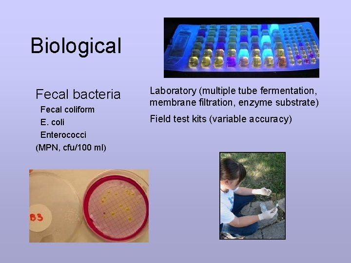 Biological Fecal bacteria Laboratory (multiple tube fermentation, membrane filtration, enzyme substrate) Fecal coliform Field
