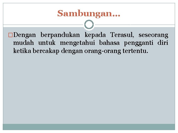 Sambungan… �Dengan berpandukan kepada Terasul, seseorang mudah untuk mengetahui bahasa pengganti diri ketika bercakap Sambungan… �Dengan berpandukan kepada Terasul, seseorang mudah untuk mengetahui bahasa pengganti diri ketika bercakap