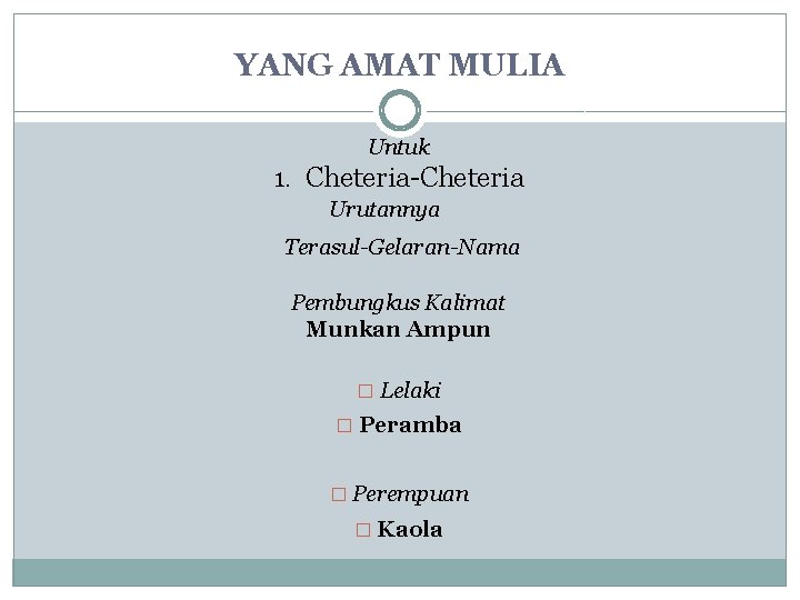 YANG AMAT MULIA Untuk 1. Cheteria-Cheteria Urutannya Terasul-Gelaran-Nama Pembungkus Kalimat Munkan Ampun � Lelaki