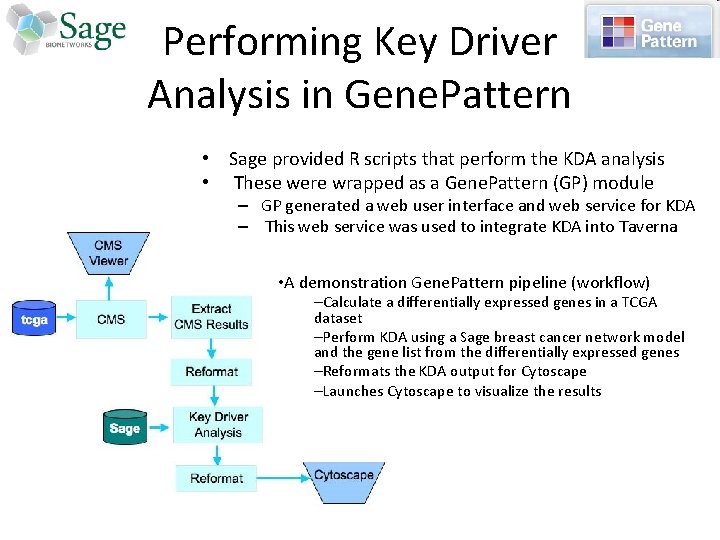 Performing Key Driver Analysis in Gene. Pattern • Sage provided R scripts that perform