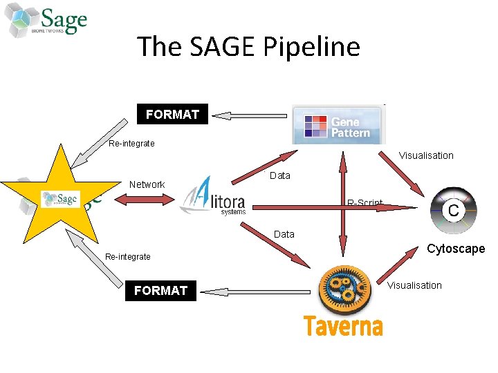 The SAGE Pipeline FORMAT Re-integrate Visualisation Network Data R-Script Data Re-integrate FORMAT Cytoscape Visualisation