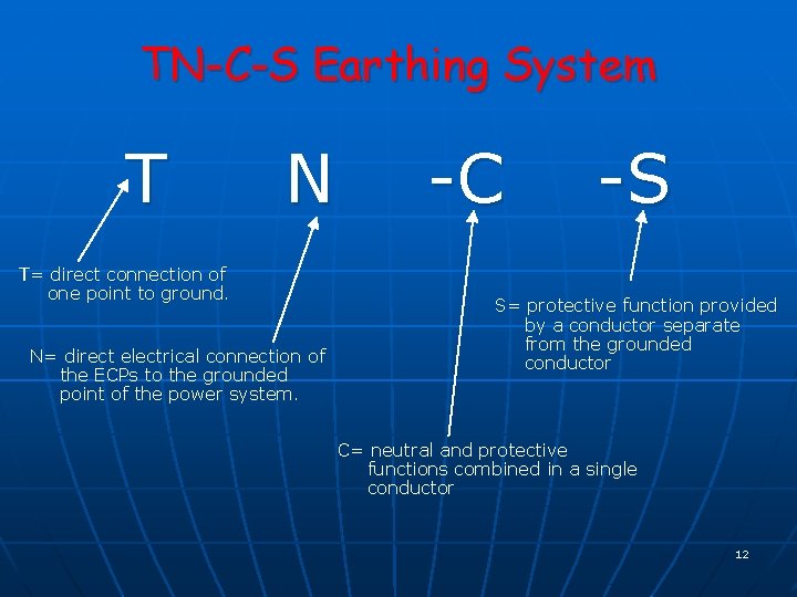 TN-C-S Earthing System T N -C -S T= direct connection of one point to