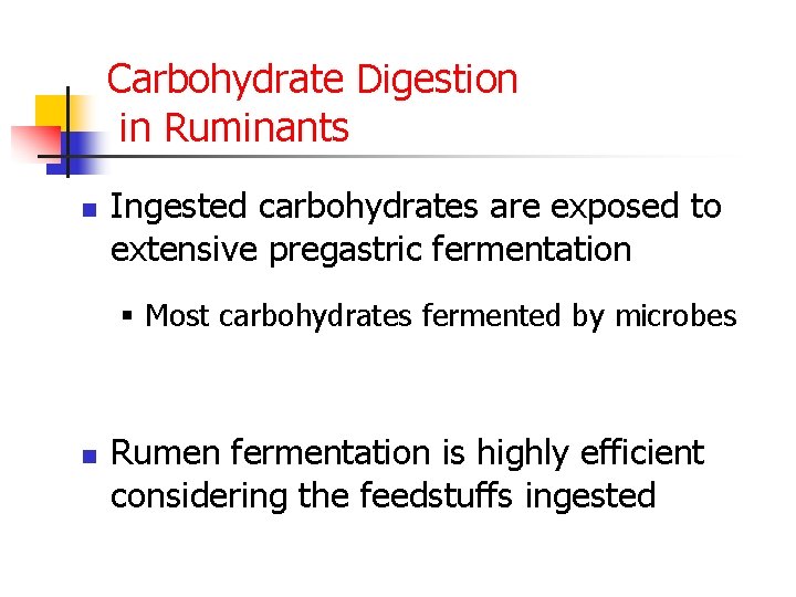 Carbohydrate Digestion in Ruminants n Ingested carbohydrates are exposed to extensive pregastric fermentation §