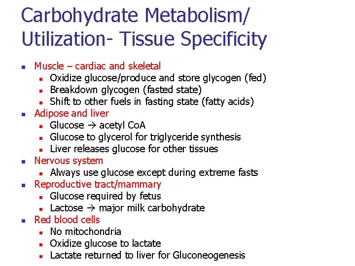 Carbohydrate Metabolism/ Utilization- Tissue Specificity n n n Muscle – cardiac and skeletal n