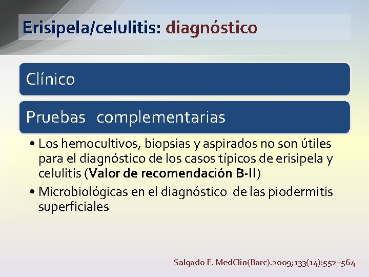 Erisipela/celulitis: diagnóstico Clínico Pruebas complementarias • Los hemocultivos, biopsias y aspirados no son útiles
