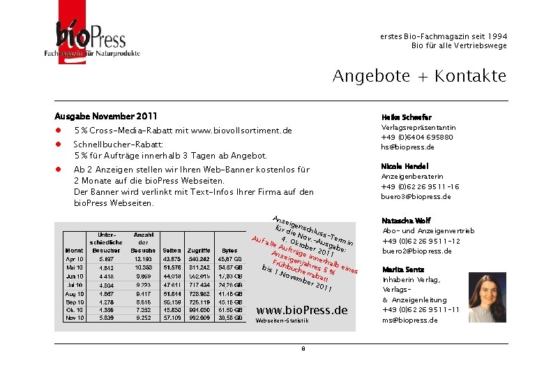 erstes Bio-Fachmagazin seit 1994 Bio für alle Vertriebswege Angebote + Kontakte Ausgabe November 2011