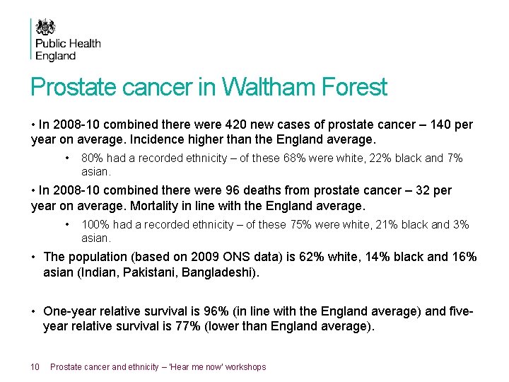 Prostate cancer in Waltham Forest • In 2008 -10 combined there were 420 new