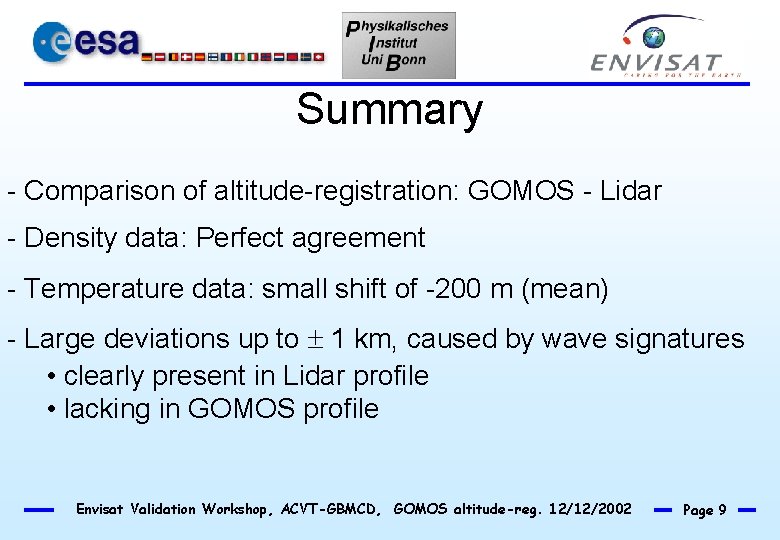 Summary - Comparison of altitude-registration: GOMOS - Lidar - Density data: Perfect agreement -