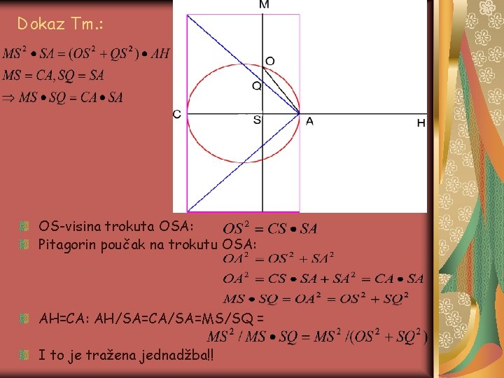 Dokaz Tm. : OS-visina trokuta OSA: Pitagorin poučak na trokutu OSA: AH=CA: AH/SA=CA/SA=MS/SQ =