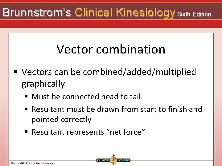 Brunnstrom’s Clinical Kinesiology Sixth Edition Vector combination § Vectors can be combined/added/multiplied graphically §