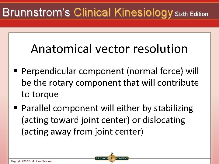 Brunnstrom’s Clinical Kinesiology Sixth Edition Anatomical vector resolution § Perpendicular component (normal force) will